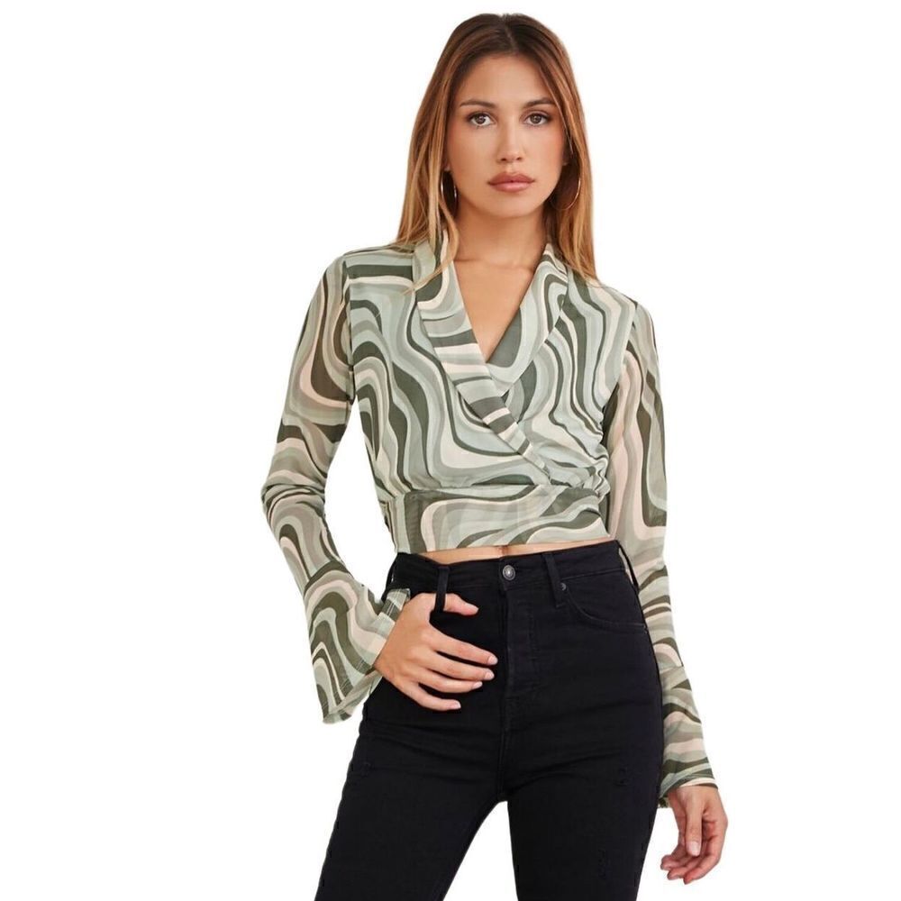 Geo Print Bell Sleeve Wrap Crop Top Sz Small